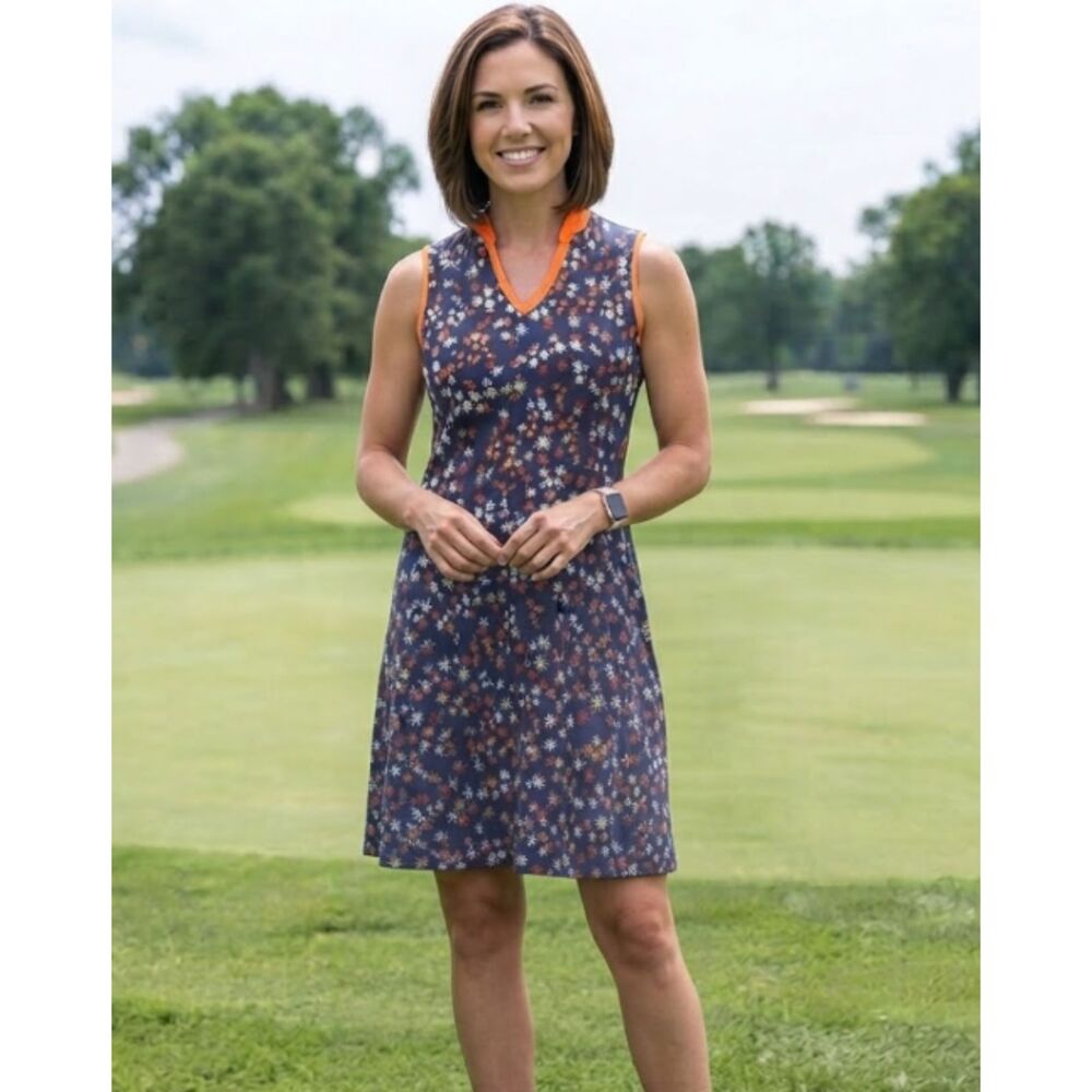 Callaway Opti-Dry Golf Dress Womens Medium Floral Orange Blue Indigo